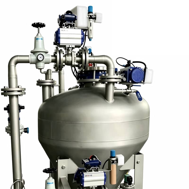 Positive pressure blow tank for battery materials